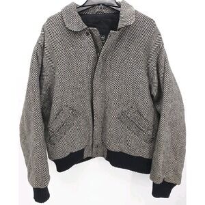 Vintage Aberdeen Herringbone Wool Blend Bomber Jacket Black White 1990's Size 44